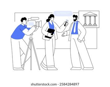 Interviewer isolated cartoon vector illustrations. Professional journalist with microphone interviewing politician, cameraman at work, social poll, independent media, journalism vector cartoon.