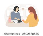 Interviewing candidate isolated cartoon vector illustrations. Candidate has a job interview with professional HR specialist, recruiting company, applicant selection process vector cartoon.