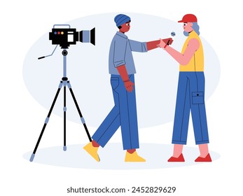 Interviewing sources by reporter, journalist vector illustration.