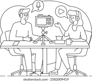 interviewing through TV screen vector design, Podcast slice-of-life journalism sign, Web television series symbol audio blog journals Transforming raw recordings into polished episodes concept,