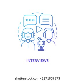 Interviews blue gradient concept icon. Digital audio content. Online broadcasting. Common podcast genre abstract idea thin line illustration. Isolated outline drawing. Myriad Pro-Bold font used