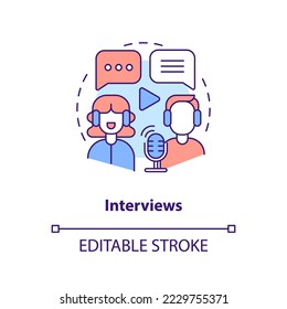 Interviews concept icon. Live streaming. Online streamer. Popular podcast type abstract idea thin line illustration. Isolated outline drawing. Editable stroke. Arial, Myriad Pro-Bold fonts used