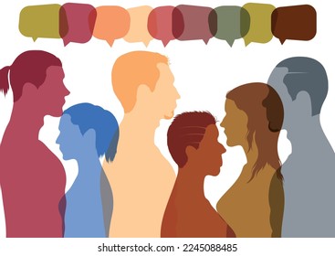 Interviews. Vector Illustration. Diverse people from different cultures dialogue together. Communication between people in a crowd.