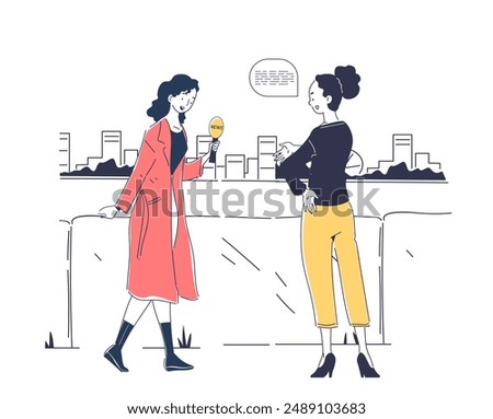 Interviews woman concept. Journalist asks questions to popular young girl. Broadcasting and reporting. Mass media and journalism. Linear vector illustration isolated on white background