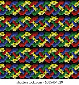 Interweaving of bright yellow, green, blue and red lines on the black background, seamless vector knitted pattern as a fabric texture