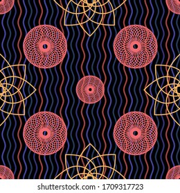 Interweaving Circles, Flowers and Vertical Waves Pattern