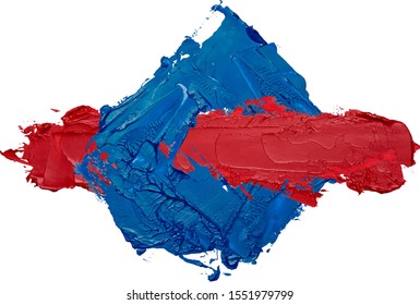 Interweaving figures. Hand drawn oil painting red brush stroke and blue rhombus isolated on white background. 