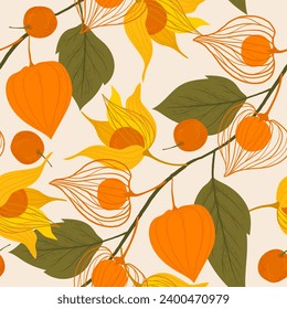 interweaving of flowers and physalis berries square endless background. print with stylized physalis, hand-drawn