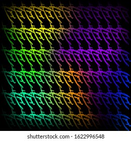 Interweaving pattern of neon squiggles and green ropes on a black background. 