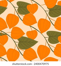interweaving of physalis vines with bright orange boxes and leaves. bright natural seamless pattern. print for wallpaper