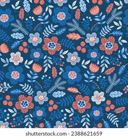 Interweaving of stylized doodle flowers and branches in the Scandinavian color style on dark blue background