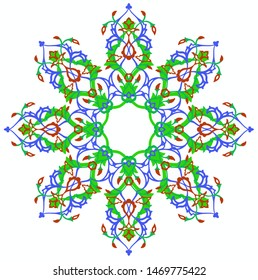 The interweaving of various colors of the palette in a pattern of oriental style.
