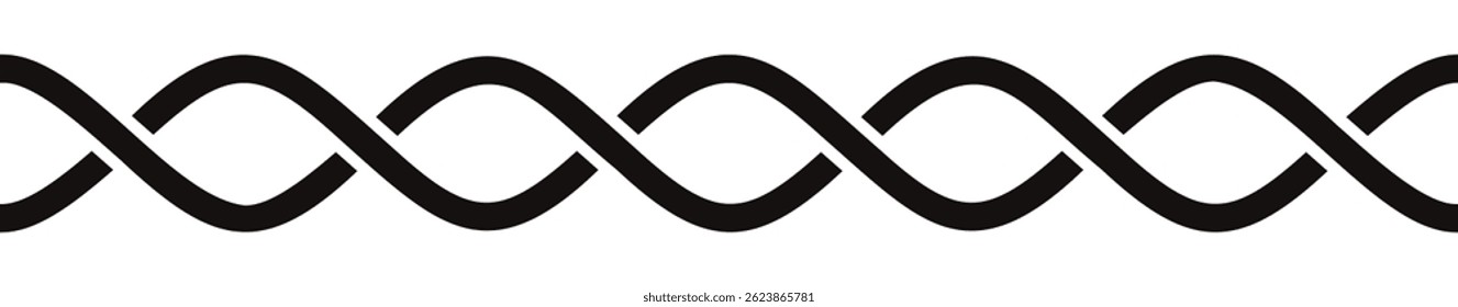 Interwined black lines braid border on white background. Straight interlaced rope.
