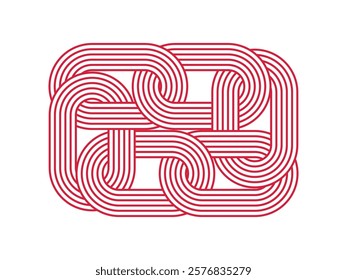 Interwoven abstract line art designs in red color. Features geometric looping patterns with a modern aesthetic, ideal for logos, branding, textiles, and decorative projects. Vector Illustration