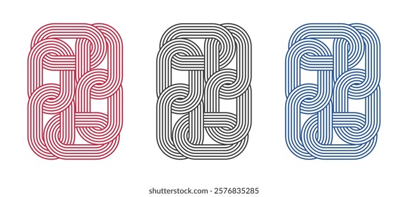 Interwoven abstract line art designs in red, black, and blue. Features geometric looping patterns with a modern aesthetic, ideal for logos, branding, textiles, and decorative projects. Vector