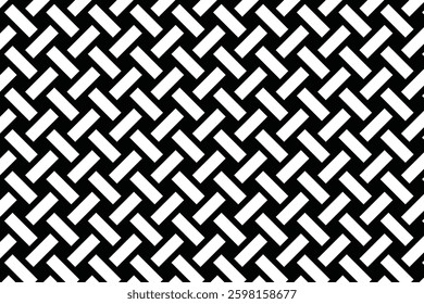 Interwoven basket weave seamless pattern in black and white. A geometric and bold design, perfect for modern textiles, wallpapers, backgrounds, branding, and decorative elements.