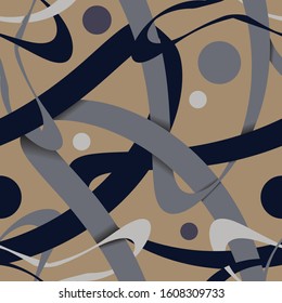 interwoven curved gray, beige, black ribbons and circles of different sizes on a brown background and form a bright colorful motley seamless pattern. vector