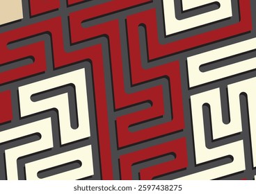Interwoven Red Beige Black Maze Design