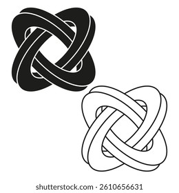 Interwoven rings shape. Circular loop figure. Overlapping band element. Vector knot structure.