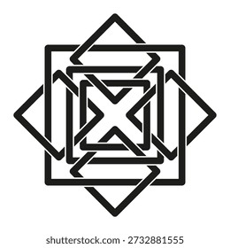 Interwoven square knot. Celtic geometric symbol. Linear black Vector. Abstract overlapping shape.
