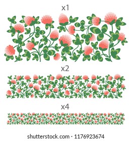 Interwoven stems of clover with leaves and flowers. Colored horizontal seamless vector ornament. Lane of one, two, four copies.