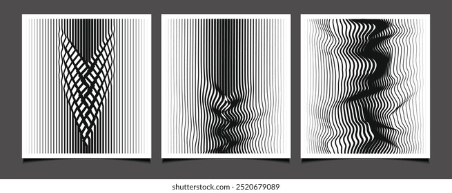  Interwoven strands, warped lines, and undulating waves: a trio of abstract patterns in black and white minimalist design