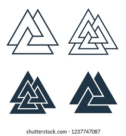 Interwoven triangles, valknut. Collection of linear and flat icons on white background. Vector illustration. Flat icon. Logo, tattoo, amulet. Esotericism, the occult, sacred geometry.