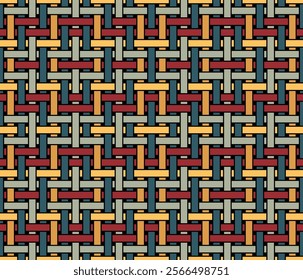 Interwoven vertical and horizontal multicolored lines on a black background. Abstract geometric wicker style design. Seamless repeating pattern. Vector illustration.