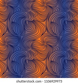 Interwoven wavy lines and curves on the gradient background of orange and blue, seamless vector pattern as a fabric texture