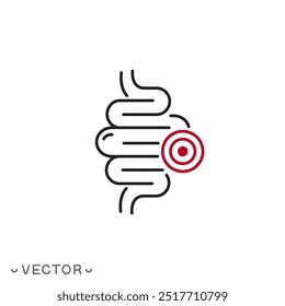 ícone de inflamação intestinal, dor abdominal, obstipação, trato digestivo não saudável, apendicite intestinal, símbolo de linha fina isolado no fundo branco, traço editável eps 10 ilustração vetorial