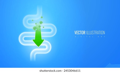 Intestinal metabolism vector illustration. Abstract digestive tract and arrow as a symbol of the effect of drugs to improve digestion - medical banner