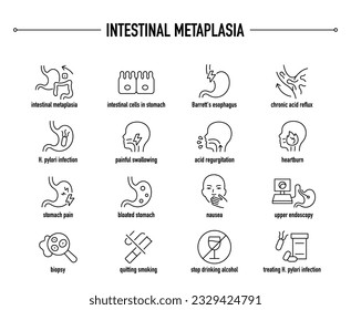 Intestinal Metaplasia symptoms, diagnostic and treatment vector icon set. Line editable medical icons.