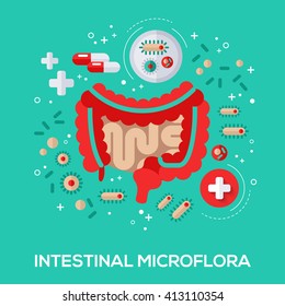 Intestinal microflora flat icons concept. Vector illustration. Intestine and bacterium, pills and tablet for proper digestion. 