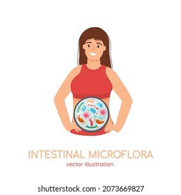 Intestinal microflora. Healthy digestion, good human microbiota. Happy girl having health bowel. Vector illustration for probiotic dairy products or prebiotic meds advertising.