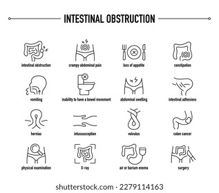 Síntomas de obstrucción intestinal, diagnóstico y conjunto de iconos vectoriales de tratamiento. Iconos médicos editables en línea.