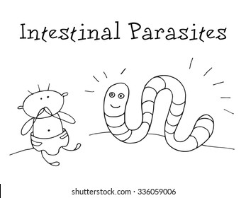 Parasitos intestinales. Salud infantil. Dibujo gráfico en vector.