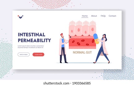 Intestinal Permeability, Gut Sickness Landing Page Template. Tiny Doctors Characters Presenting Healthy Intestinal Cells and Normal Gastrointestinal Tract Tissue. Cartoon People Vector Illustration