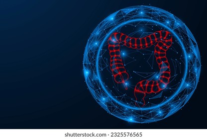 Intestinal protection. Polygonal design of interconnected lines and points. Blue background.