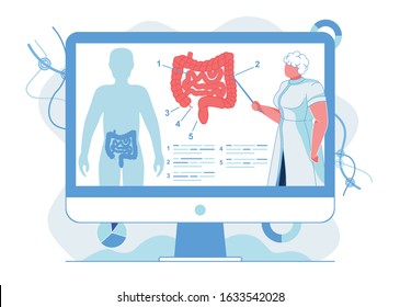 Intestinal Tract Study Flat Vector illustration. Doctor, Professor Explaining Human Digestive System Organs Anatomy Cartoon Character. Gastroenterologist Showing Bowels Structure in Online Webinar