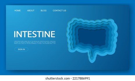 Intestine 3d Paper Cut Website Template. Small And Large Intestine Paper Cut Out Illustration. Organ Anatomy Symbol For Landing Page, Advertising Page