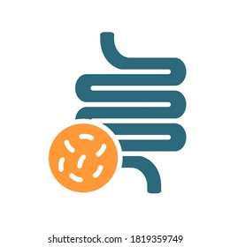 Intestine with bacteria colored icon. Diseased internal organ, irritable bowel syndrome, constipation symbol