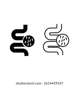 Intestine with bacteria line icon. Irritable bowel syndrome, constipation, intestinal obstruction symbol