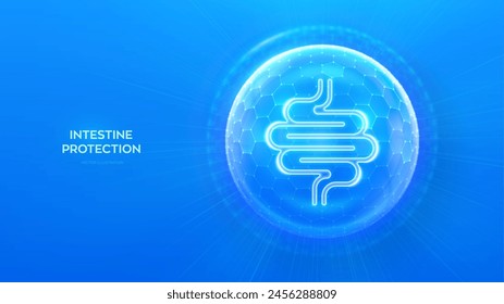 Intestine care and protection. Healthy Intestine medical concept. Human Intestine bowel anatomy organ icon inside protection sphere shield with hexagon pattern on blue background. Vector illustration.