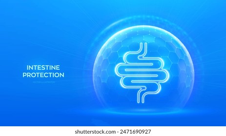 Intestine care and protection. Healthy Intestine medical concept. Human Intestine bowel anatomy organ icon inside protection dome sphere shield with hexagon pattern on blue background. Vector.