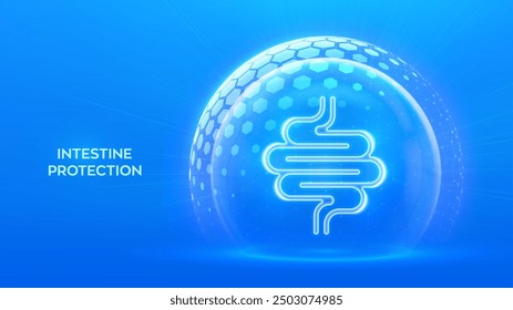 Intestine care and protection. Healthy Intestine medical concept. Human Intestine bowel anatomy organ icon inside protection dome sphere shield with hexagon pattern on blue background. Vector.