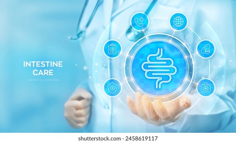 Cuidado del intestino. Tratamiento del intestino. Inflamación intestinal, enteritis, colitis, disbacteriosis. Doctor sosteniendo en la mano Icono de intestino y medicina iconos conexión de red. Ilustración vectorial.