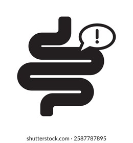 Intestine with exclamation mark icon. Irritable bowel syndrome, constipation, intestinal obstruction symbol
