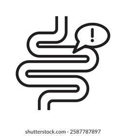 Intestine with exclamation mark icon. Irritable bowel syndrome, constipation, intestinal obstruction symbol
