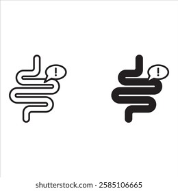 Intestine with exclamation mark icon set. Irritable bowel syndrome, constipation, intestinal obstruction symbol
