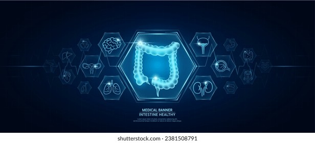 Intestino sano. Símbolos de órganos humanos. Plantilla de diseño de pancartas de ciencia médica. El chequeo médico de la atención de la salud es una tecnología digital futurista demasiado innovadora. Examen de órganos y pulso cardíaco. Vector